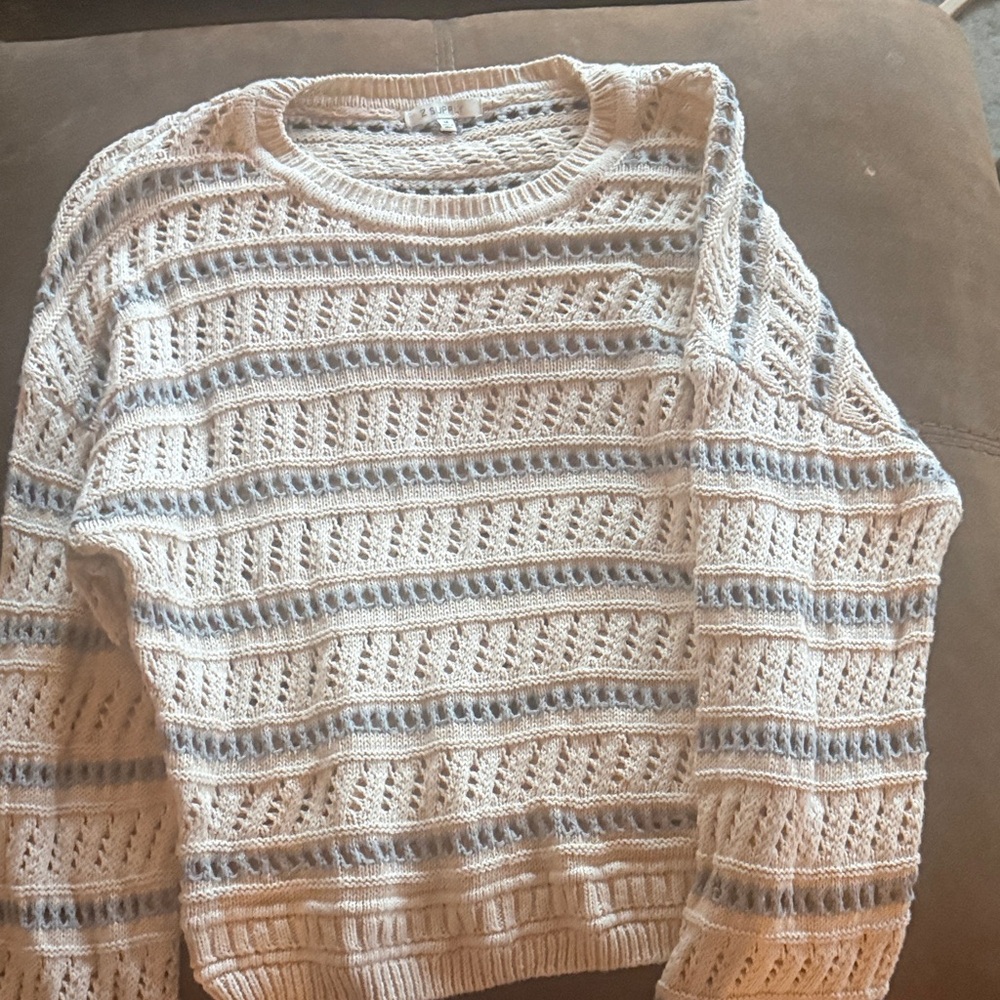 Z Supply Cream Open-Knit Crewneck Sweater with Gray Stripes